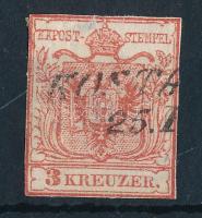 1850 3kr HP III. liliputi vágás, lemezhiba &quot;KOSTA(INICA)&quot; (elvékonyodás / thin paper)