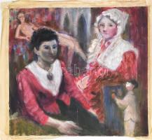 Monica Vincent Hunter (-): Társaság. Olaj, vászon. Jelzés nélkül. Hajtásnyommal, kissé sérült, vakráma nélkül. 70x76 cm