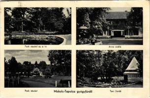 1939 Miskolctapolca, Görömbölytapolca, Görömbölyi-Tapolca, Tapolca (Miskolc); park részlet és a tó, Anna szálló, Tavi fürdő (ázott / wet damage)