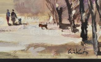 Csikós András (1947-2006): Ártéri séta. Olaj, farost, jelezve jobbra lent, hátoldalán autográf felir...