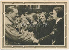 1939 Adolf Hitler with members of the League of German Girls (girls&#039; wing of the Nazi Party youth movement Hitlerjugend), NSDAP propaganda, swastika. 6+19 Ga. (EK)