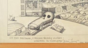 Dunai Imre (1939-2004): Gépkorszak (karikatúra), 1985. Tus, papír, jelzett, Kiss Dénes költőnek dedi...