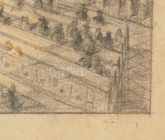 Olvashatatlan jelzéssel: Zsinagóga látképe, 1927. Ceruza, papír. Üvegezett fakeretben. Kissé foltos....