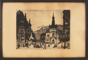 Fábián Gyula (1884-1955): Kígyó tér autóval (Budapesti forgatag), 1920-30 körül. Rézkarc, papír, jelzett. Üvegezett fakeretben. 23x31,5 cm