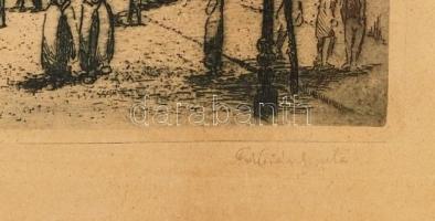 Fábián Gyula (1884-1955): Kígyó tér autóval (Budapesti forgatag), 1920-30 körül. Rézkarc, papír, jel...