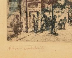 Fábián Gyula (1884-1955): Kígyó tér autóval (Budapesti forgatag), 1920-30 körül. Rézkarc, papír, jel...