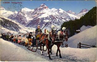 1913 Tailing Party, people on sleds, winter sport (small tear)