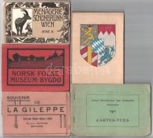 5 db RÉGI külföldi képeslap füzet és sorozat: Gileppe, Ecole Provinciale des Estropies Charleroi, Norsk Folke Museum Bygdo, Menagerie Schönbrunn Wien, Dillingen