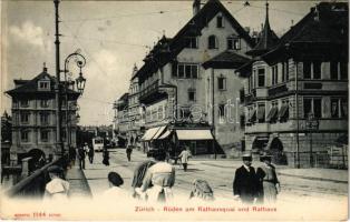 1911 Zürich, Zurich; Rüden am Rathausquai und Rathaus / street view, town hall, tram (EK)