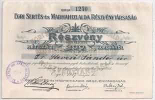 Eger 1917. "Egri Sertés- és Marhahizlalda Részvénytársaság" részvénye 200K-ról szárazpecsé...