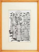 Lajos Ferenc (1912-1998): Társaság, 1984. Tus, papír, jelzett, üvegezett fakeretben, 32,5×24,5 cm