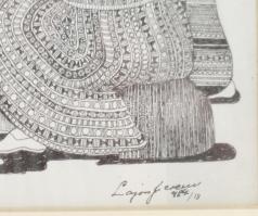 Lajos Ferenc (1912-1998): Társaság, 1984. Tus, papír, jelzett, üvegezett fakeretben, 32,5×24,5 cm