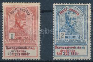 1914 Hadisegély I. 1K és 2K bélyegek (1K halvány rozsda, 2K gumihiba / slight stain, gum disturbance) (24.000)