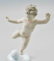 Schaubach Kunst labdázó puttófigura. Mázas és biszkvit porcelán, jelzett, hibátlan, m: 17,5 cm