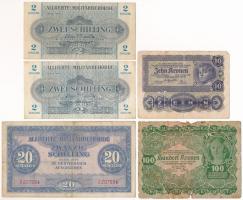 Ausztria 1922-1944. 5xklf bankjegy, közte szövetséges megszállás bankjegyek T:F-VG Austria 1922-1944. 5xdiff banknotes, with Allied Occupation banknotes C:F-VG