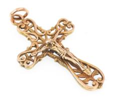 Arany (Au) 14K barokkos kereszt medál korpusszal, jelzett, 3,8×2 cm, nettó: 2,8 g