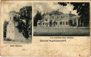 1915 Nagykemence, Kamenica nad Cirochou (Homonna); Katolikus templom, Gróf Andrássy Géza kastélya. Halász Sándor fényképészeti műterméből + "M. Kir. Népf. Útépítő Munkás Osztag 10/III." / church, castle (gyűrődések / creases)