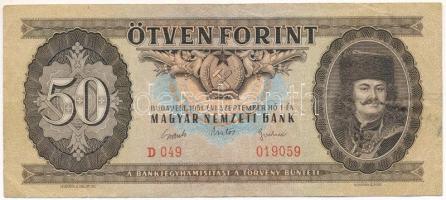 1951. 50Ft "D 049 019059" T:F Hungary 1951. 50 Forint "D 049 019059" C:F Adamo F18