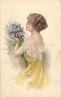 Lady flowers artist signed litho