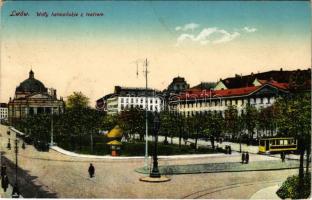 1914 Lviv, Lwów, Lemberg; Waly hetmanskie z teatrem / street view, tram, theatre (EK)