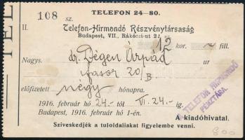 1916 Telefon-Hírmondó Részvénytársaság nyugtája Dr. Dégen Árpád orvos-botanikus részére