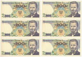 Lengyelország 1982. 200Zl (6x) közte közeli sorszámok T:F szép papír Poland 1982. 200 Złotych (6x) within close serial numbers C:F fine paper