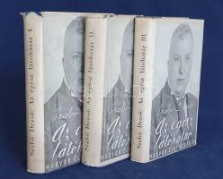 Szabó Dezső: Az egész látóhatár. Tanulmányok. 1-3. kötet. [Teljes munka.] (Budapest, 1939). Magyar Élet (Popper-nyomda, Monor). 416 p.; 442 p.; 358 + [2] p. Első kiadás. A kivételes műveltségű és szatirikus vénájáról közismert Szabó Dezső (1879-1945) gimnáziumi tanár, író, kritikus, szerkesztő, közíró tanulmányai a magyarországi közállapotokról, közpolitikáról, a magyarság túlélésének kérdéseiről. Az engesztelhetetlen álláspontjáról ismeretes Szabó Dezső egyaránt támadja a liberalizmust, a kozmopolitizmust, a honi életben álláspontja szerint kivételes pozíciókat elfoglaló zsidóságot és németséget; a fajelméletet és nem utolsósorban az álcát viselő keresztény kurzust: azt a kortárs hatalmi berendezkedést, melyet minden idők legkártékonyabb rendszerének tart. A Szabó Dezső-i politikai javaslat önerőből táplálkozó polgárosodást szorgalmaz, a magyarság megtartó erejének pedig a mély nyomorban tartott parasztságot tartja. A tartalomból: A holnap nacionalizmusa - A magyar miniszterelnökhöz - A választójog reformja - Magyarország helye Európában: Kelet-Európa - A magyar középosztály megteremtése - A magyar paraszt - A magyar paraszt és a magyar kultúra - A falu Budapest - A munkásság - A kis nemzetek sorsa - A magyar református öntudat mozgósítása - A magyar trón problémája és Ausztria - Az ellenforradalom természetrajza - A középiskoláról - A végzet ellen (Hungarizmus és halál) - Az antijúdaizmus bírálata - Korunk nőproblémája - Az olympiász tanulságai - Kultúrfölény és kultúrpolitika - A kettészakadt magyar irodalom - Válasz egy magyar munkásnak - Achim András. A második kötet 13. íve kétszer bekötve, 18. íve hiányzik. Tezla 3316. Egységes, aranyozott gerincű kiadói félvászon kötésben, illusztrált, enyhén foltos kiadói védőborítóban. Szép példány.