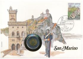 San Marino 1983. 500L bimetál "Az atomháború fenyegetése" felbélyegzett borítékban, bélyegzéssel, német nyelvű leírással T:UNC San Marino 1983. 500 Lire Bimetallic "Threat of Nuclear War" in envelope with stamp, cancellation and a prospectus in german C:UNC