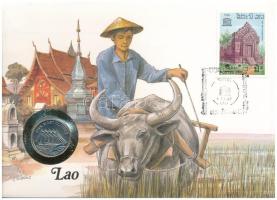 Laosz 1988. 10K Cu-Ni borítékban, bélyegzéssel T:UNC Laos 1988. 10 Kip Cu-Ni "Five-masted Clipper" in envelope with stamp and cancellation C:UNC