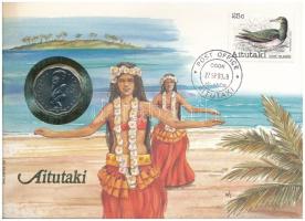 Cook-szigetek / Aitutaki 1992. 1$ Cu-Ni felbélyegzett borítékban, bélyegzéssel, német nyelvű tájékoztatóval T:UNC Cook Islands / Aitutaki 1992. 1 Dollar Cu-Ni in envelope with stamp, cancellation and a prospectus in german C:UNC