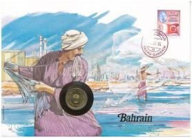 Bahrein 1992. 5f sárgaréz felbélyegzett borítékban, bélyegzéssel, német nyelvű tájékoztatóval T:AU  Bahrain 1992. 5 Fils brass in envelope with stamp, cancellation and a prospectus in german C:AU