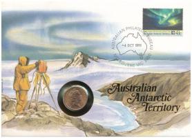 Ausztrál antarktiszi terület benne Ausztrália 1989. 2c felbélyegzett borítékban, bélyegzéssel, német nyelvű leírással T:UNC Australian Antarctic Territory in it Australia 1989. 2 Cents in envelope with stamp and cancellation, with German description C:UNC