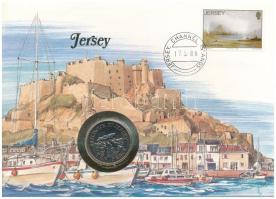 Jersey 1988. 10p Cu-Ni felbélyegzett borítékban, bélyegzéssel, német nyelvű leírással T:UNC  Jersey 1988. 10 Pence Cu-Ni in envelope with stamp, with German description C:UNC