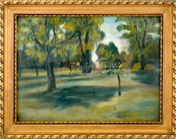 Németh G. 956 jelzéssel: Zöldellő park. Olaj, papír. Üvegezett fa keretben. 27x36 cm.