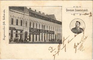 1900 Zsombolya, Hatzfeld, Jimbolia; Kolling Szálloda, Petrovics Nándor és Bervanger H. üzlete. Hagenmacher-féle Salon sör reklám / hotel, shops, beer advertisement