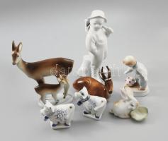 Zsolnay 7 darab porcelán figura, jelzett, szép darabokkal, egyik tehén füle restaurált.