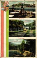 1911 Pozsony, Pressburg, Bratislava; Ligeti kávéház, IX. malom II. tó, Vaskutacska, korai trolibusz. Magyar zászló és címer / Au Caféhaus, IX. Landmühle II. Teich, Eisenbrünnel (Eisenbründl) / Zelezná Studienka / general view, lake, café, spa with early trolleybus, Hungarian flag and coat of arms (r)