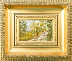 Losonci Lilla (1930-): Fátyolvízesés. Olaj, farost, jelzett. Dekoratív fakeretben, 10×15 cm