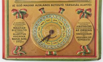 cca 1930 Első Magyar Általános Biztosító. Nagy méretű festett fém tábla, fali naptár, jó állapotban....