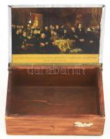 ca 1930 Első magyar biztosító társaság fém tetejű fa doboz kívül belül nyomtatvánnyal. 12x9 cm