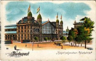 Budapest VI. Nyugati pályaudvar, vasútállomás, magyar zászlók. litho (EK)