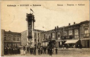 1916 Kolomyia, Kolomyja, Kolomyya, Kolomea; Ratusz / Rathaus /street view, town hall, Grand Hotel Bahr, shops of K. Ramler, J. Nadler, B. Helwing (EK)