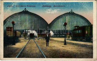 1917 Lviv, lwów, Lemberg; hala dworzec kolejowego / railway station, trains / Hauptbahnhof (wet corner)
