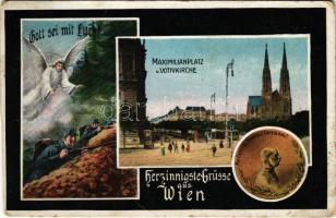 1915 Wien, Vienna, Bécs; Maximilanplatz und Votivkirche, Gott sei mit Eucht! / square, church. Art Nouveau (cut)