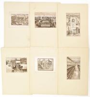 1971 Győr várossá válásnak 700. évfordulójára készült rézkarcok (Győr középkori látképe, a Szövőgyárral kapcsolatos képek), 6 db, selyemre nyomva, paszpartuban, teljes lapméret: 29,5x20,5 cm