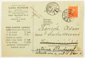 1937 Láng Nándor egri szőlőtenyésztő és borász szőlő, bor és gomba termékárlistáját tartalmazó levelezőlapja, postán feladva, szép állapotban