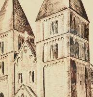 cca 1944 A Jáki templom látképe. Tus, papír, olvashatatlan jelzéssel. Hátoldalán kézirat a templom f...