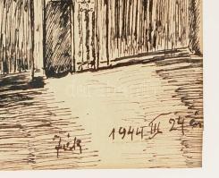 cca 1944 A Jáki templom látképe. Tus, papír, olvashatatlan jelzéssel. Hátoldalán kézirat a templom f...