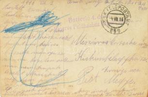 1916 A k.u.k. Feldhaubitz Regiment 4. ágyús osztag katonáit ágyúval ábrázoló fotó, hátoldalt katonai...