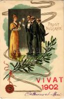 1902 Prosit Neujahr / Dombornyomott újévi üdvözlet pezsgőző társasággal / New Year greeting, embosse dlitho (EK)